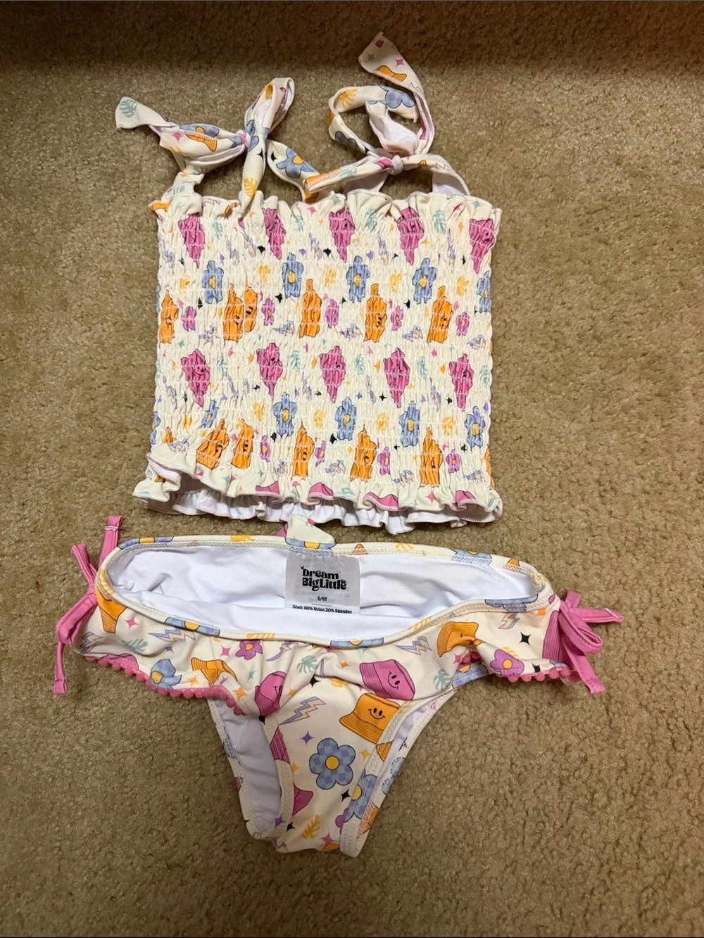 Dream Big Little Girls' Cream Floral & Pastel Smocked Bikini Set